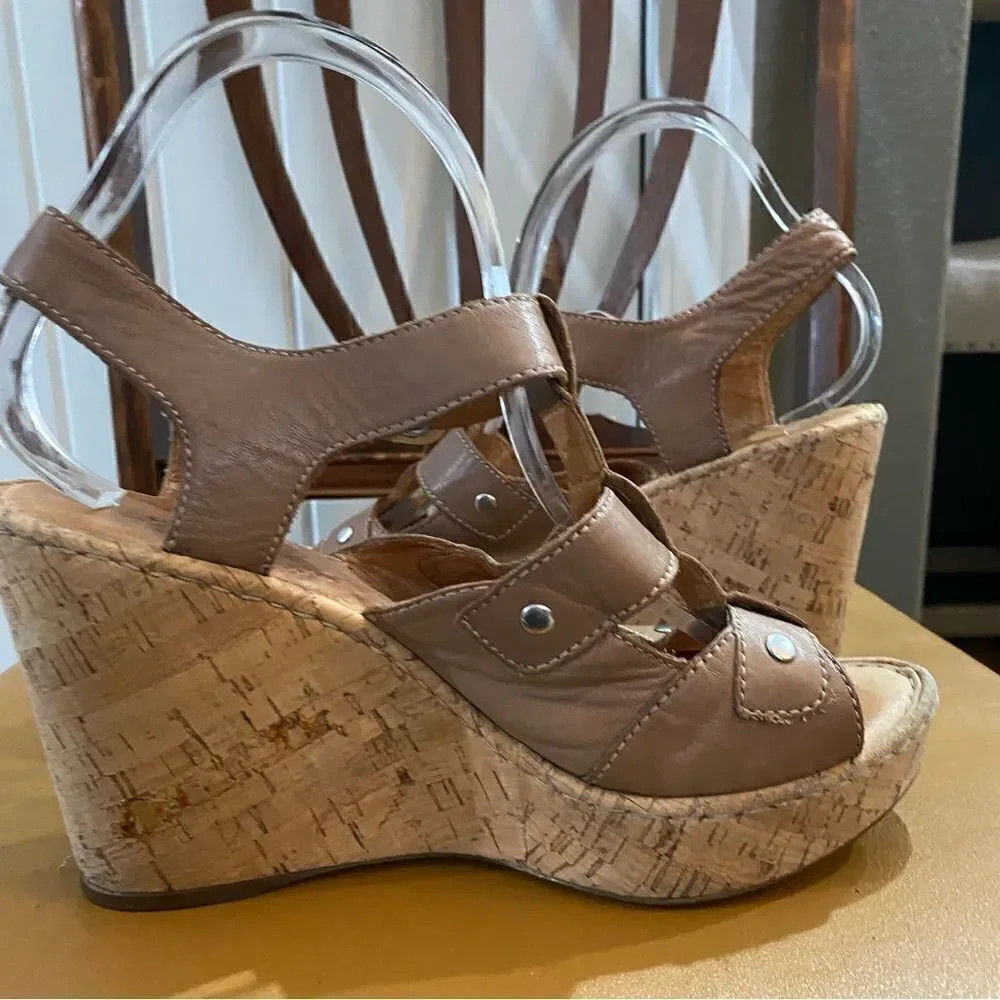 Born Shoes Brown Tan Strappy Cork Wedge Sandals